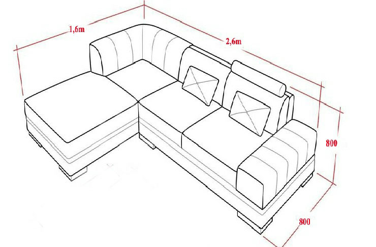Kích thước sofa góc chữ L 2600 x 1600 x 800 phù hợp với phòng diện tích nhỏ và vừa.